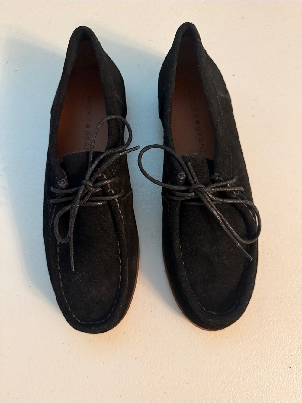 Lucky Brand Moccasin Loafer Flat Black Suede Leather Shoe Lace Up 8 Womens